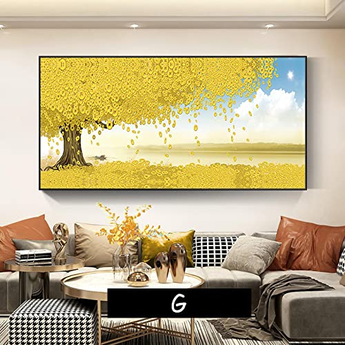 KADING Gelbgold Geldbaum für Wohnzimmer Dekoration Malerei Landschaft Leinwand Gemälde Große Wandbilder Poster Drucke 40x80cm (16x32in) Innenrahmen