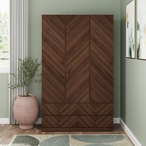 GFW Catania 3 Door 4 Drawer Wardrobe, Royal Walnut Bedroom Wardrobe with Herringbone Wood Grain Finish, Hanging Rails and Storage Drawers