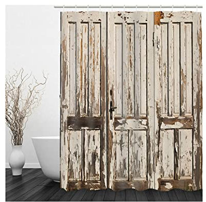 Whoiy Duschvorhang 120X180 Textil Anti Schimmel, Duschvorhang Eckbadewanne Polyester Bath Curtains Holztür Hellbraun für Outdoor Hotel