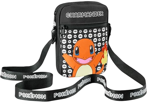 Pokemon Kinder Umhängetasche, Pikachu Reisetasche mit Verstellbarer Schultergurt, Großes Hauptfach mit Reißverschluss Kinder Geschenke (Schwarz Charmander)