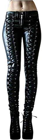 Tinetill Leggings en Simili Cuir Femme - Pantalon Gothique Punk Skinny Extensible Taille Haute - Pantalon Moulant à Bretelles Croisées Style Motard