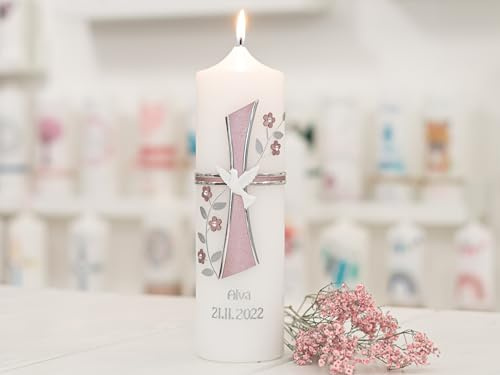 meinkerzenshop® Taufkerze ALVA personalisiert mit Name und Datum, individuell und mit Echtwachs handverziert für Junge und Mädchen