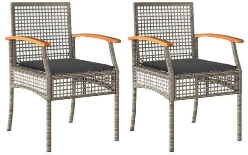 vidaXL Gartenstühle 2 STK., Gartenstuhl mit Kissen, Gartensessel Stahlrahmen, Stuhl Sessel Gartenmöbel, Grau Poly Rattan Akazienholz