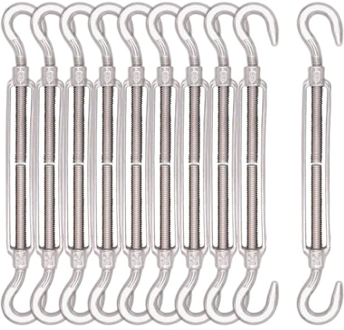Lsqurel Turnbuckle 10pcs 304 Stainless Steel Turnbuckle Hook and Hook Heavy Duty Tensioner Adjustable Shade Sail Hardware for Tightening up Metal Cable Wire 5/32 1/4 5/16 3/8 1/2