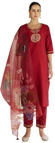 VredeVogel Women's Cotton Silk Embroidered Kurta with Pant & Organza Dupatta Set (Maroon_Small)