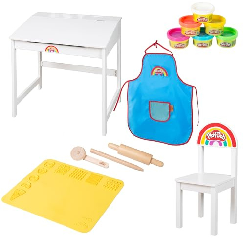 roba x Play-Doh Schulpult - FSC-Holzwerkzeuge, 3D-Kreativmatte, 6 Knetdosen, Schürze & Stuhl - Kreatives Mal-, Bastel- und Spielpult - Für Kinder ab ab 3 Jahren