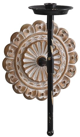 SOFE Vintage Taper Candle Wall Sconce, Floral Medallion Design, Indoor Decorative Wall Candle Holders, Antique Bronze Wood and Metal, Black Stem