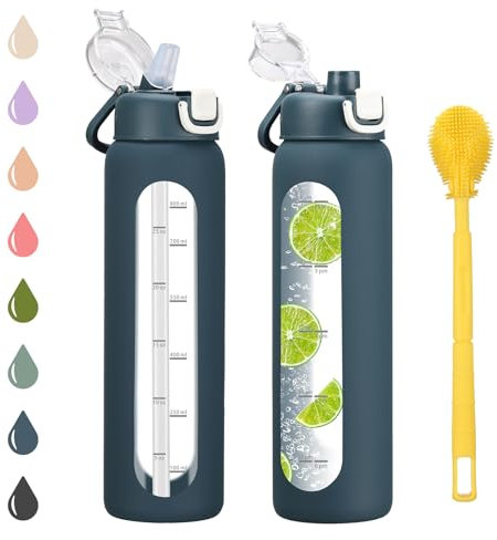 chunmo Borraccia in vetro borosilicato con 2 coperchi, coperchio con beccuccio e coperchio con cannuccia, 1 litro motivazionale in borosilicato con indicatore orario e custodia in silicone, a prova di