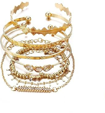 Sprinlot Armreif Gold, 7 Pcs Goldener Schmuck, Gold Bracelet Women, Vergoldetes Und Versilbertes Damenarmband-Set, Indischer Schmuck, Chunky Jewelry, Goldschmuck Damen, Glattes Armbandset Für Frauen