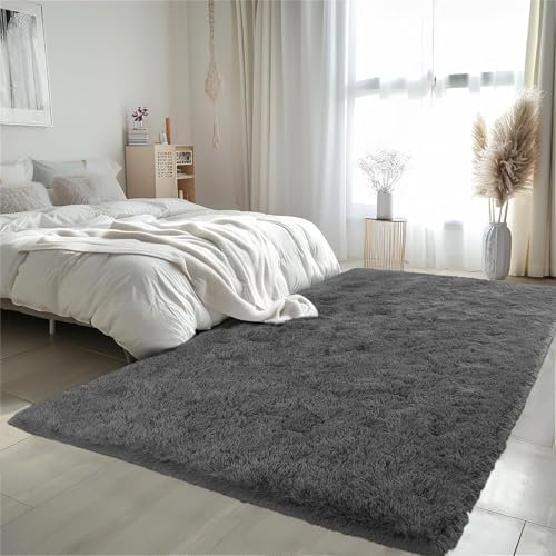 HOKXUAN Shaggy Hochflor Teppich Läufer Flur 110 x 200 cm Kurzflor rutschfest Flauschig Moderner Zottelig Flauschig Weich Teppiche Modernes Einfarbiges Design für Schlafzimmer Kinderzimmer, Dunkelgrau