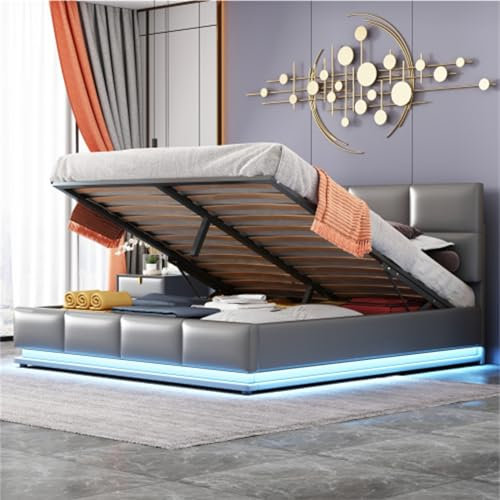Polsterbett 160x200 cm Mit LED Doppelbett King Size Mit Höheverstellbarem Polsterkopfteil Metalllattenrost Bettkasten Jugendbett Hydraulischem Stauraum Gästebett Ohne Matratze Grau