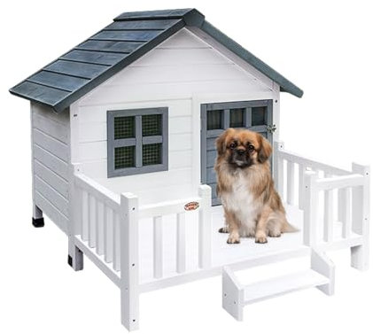 Hundehütte Outdoor Große Hunde Hundehöhle Mittelgroße Hunde Waschbar mit Balkon Hundehaus Outdoor Winterfest Einfach zu Montieren, 120 x 103 x 91 cm