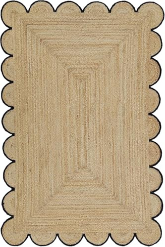 SILAK Tapis festonné en jute naturelle – Tissé à la main – Style rustique bohème pour salon, chambre à coucher ou salle à manger (noir, 0,6 x 91,4 cm)