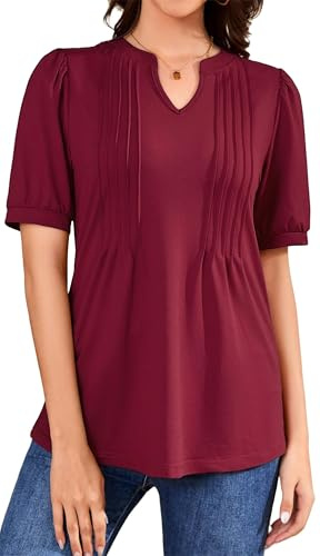 WUWUSKY Kortärmad sommarblus för kvinnor, v-ringad, blommor, veckad, ledig, lång, Röd Bordeaux, 3XL