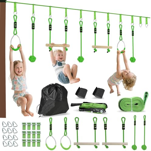 AIYAPLAY Zip Line per avventure all'aperto per bambini fino a 50 kg, 7 pezzi da 10 m, kit slackline per bambini con barre in legno, anelli in metallo, palline di presa, kit di zip line per bambini,