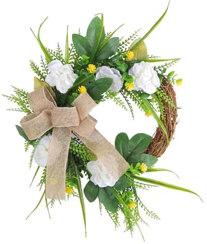35 cm Türkranz, Künstlicher Magnolien Kranz Dekorative für Haustür, Magnolien Blumenkranz mit Grünen Blättern, Frühling, Sommer, Hängender Kranz für Haustür, Wand, Fenster
