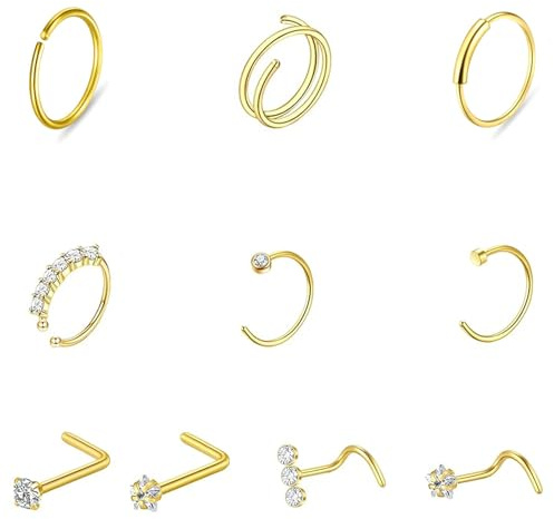 YouthLoxus 10Pcs Hypoallergenic Nose Ring, Gold Nose Stud, Nose Hoop for Women and Men, Nose Piercing Jewelry for Daily Wear and Parties, L-Shape Studs and 0.8x8mm Rings
