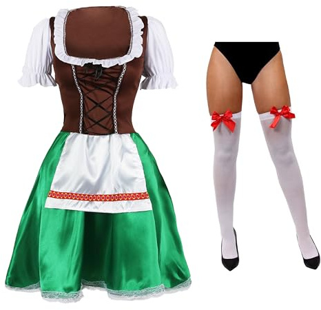 Oktoberfest bayersk öl hembiträde kostym – grön dirndl klänning med förkläde och vita lårhöga strumpor med röda bågar