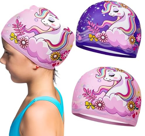 GNALIA Paquete de 2 gorros de natación para niños, impermeables y antideslizantes, aptos para cabello largo, niños y adultos, de poliéster suave.