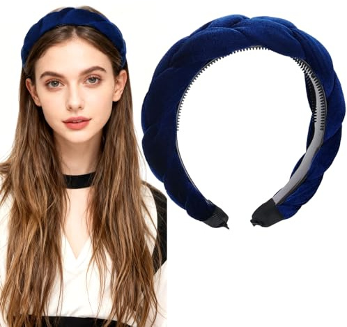 Haarreif Samt Geflochten Haarreifen Damen Stirnband Breit Haarband Vintage Gepolsterte Haarreifen Mit Zähnen Stirnbänder Haarschmuck Kopfband für Frauen Mädchen Blau