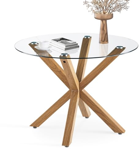 Table de salle à manger ronde en verre trempé 4 places avec pieds en métal style bois pour la maison, la salle à manger, le restaurant, l'appartement et les petits espaces