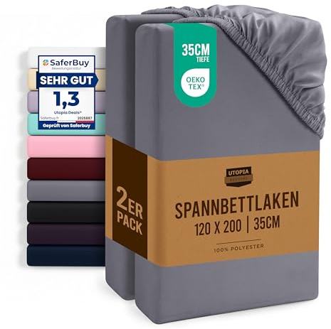 Utopia Bedding - 2er Set Spannbettlaken 120x200cm - Grau - Oeko-Tex Zertifiziertes - Gebürstete Mikrofaser Spannbetttuch - 35 cm Tiefe Tasche | Ecken 35 cm für dicke Matratzen – Öko-Tex zertifiziert – gebürstetes Mikrofaser-Polyester