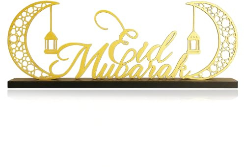 Ramadan Deko Tisch Aufsteller Gold - Eid Mubarak Dekoration Holz Mond Design - Festliche Ramazan Dekor für Iftar Party & Zuhause - Ramadan Geschenke für Familie & Kinder