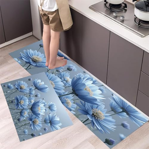 Tapis de Cuisine Devant Evier Fleur De Pavot Abstraite Lot de 2 Tapis de Passage de Cuisine Herbe De Rêve Antidérapant Lavable pour Couloir, la Salle à Manger et l’ entrée, Bleu 40x60cm+40x120cm