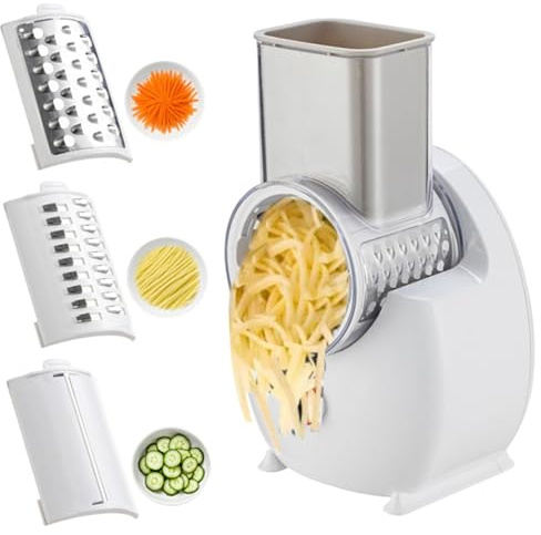 CAKEEYUM Rallador de Queso Eléctrico Rallador de Queso Automático Desmontable con 3 Cuchillas de Formas Diferentes Recargable por USB para Frutas Verduras Eléctrico, Automático