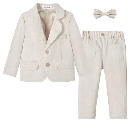 Volunboy Completo da Ragazzo 2 Pezzi Abito da Cerimonia per Bambini Blazer e Pantaloni Eleganti per Matrimonio e Festa(Taglia 120,4-5 Anni,Bianco Beige)