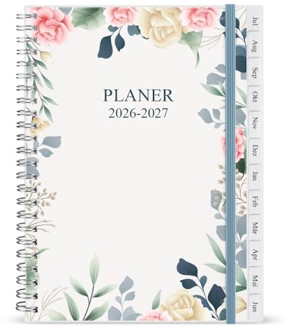 Kalender 2026-2027, A5-Wochenplaner mit Monatsregistern, Jul 2026-Jun 2027, Diary 26-27 elastischer Verschluss, Doppeldrahtbindung, einfache Organisation täglichen Lebens, 14,8×21cm, Planer 2026-27