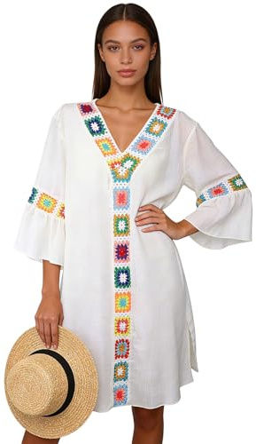 GOZINA Robe de plage pour femme, col en V, style bohème, avec fleurs au crochet, tunique légère pour la plage, les vacances et la piscine
