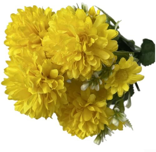 Generisch Crisantemi artificiali 7 rami realistici per fiori decorativi | 4 fiori grandi e 3 piccoli, volume naturale, consistenza realistica, ideale per vasi (giallo pallido)