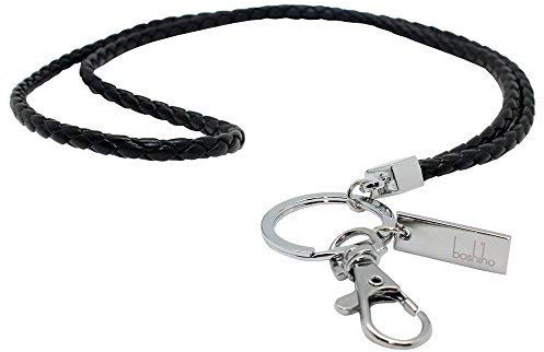 Boshiho - halsrem i läder med starkt säkerhetsband och nyckelring - för nycklar, ID-märke, USB-minne eller mobiltelefon - perfekt för kontoret 16 tum svart 1