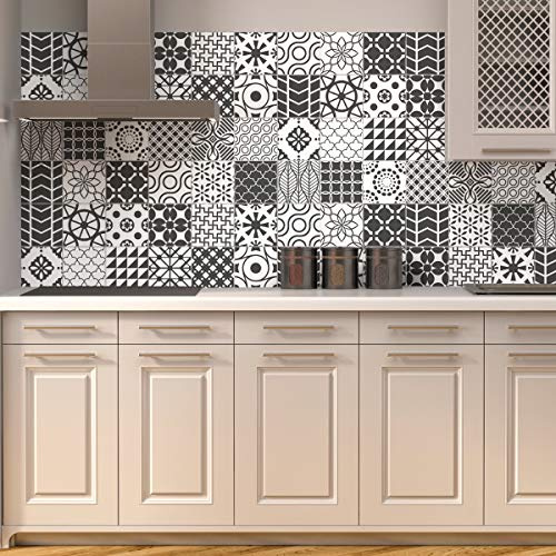 Stickers adhésifs carrelages | Sticker Autocollant Carreaux de Ciment - Carrelage Mural Salle de Bain et Cuisine - 10x10cm - 24 pièces | Crédence adhésive cuisine, pose facile, imitation carrelage mural adhésif, dalles adhésives murales, vinyle adhésif cuisine
