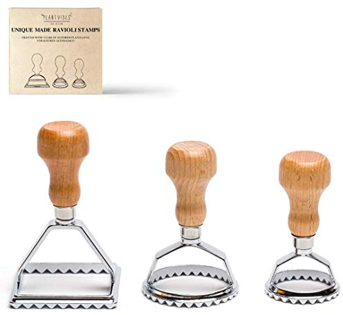 Plantvibes Set di 3 tagliapasta per ravioli con manico in legno, timbri per ravioli e taglierina per ravioli