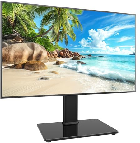 Universal Swivel TV Stand/Base Table Top TV Stand for 13 to 39 inch TVs with 100 Degree Swivel, 4 Level Height Adjustable, Heavy Duty Tempered Glass Base, Holds up to 88lbs, HT07B-002