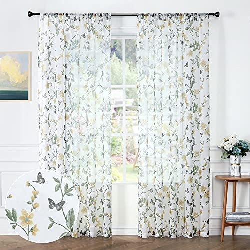 Tollpiz Durchsichtige Vorhänge mit Blumenmuster, gelbe Blume, Schmetterling, Bedruckt, für Schlafzimmer, Voile, Kunstleinen, Kurze Fenstervorhänge für Wohnzimmer, 137,2 x 114,3 cm lang, Set mit 2