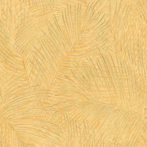 BRICOFLOR Papier peint intissé | Papier peint feuille, Papier peint palmier - Papier peint salle à manger - Jaune, Orange / Terre cuite | Taille 10,05 x 0,53 m = 5.33 m² BR373711P668SUA