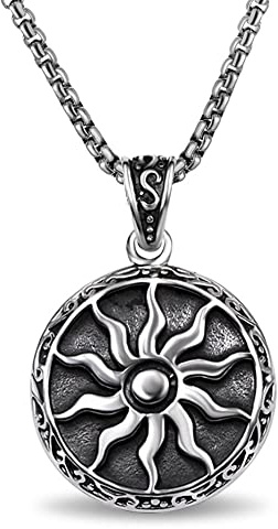bahamut Vintage Style Sun Pendant Necklace for Men Stainless Steel Compass jewellery with 25inch Chain (Silver)