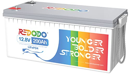 Redodo LiFePO4 200Ah 12V Wiederaufladbare Lithium-Batterie Integrierte 100A BMS, 4000-15000 Zyklen 2560Wh Nutzbare Energie für HeimSolaranlage, Camping, RV, Boote