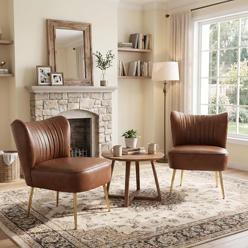 DUOMAY Modern Accent Chair Set of 2 PU Leather Slipper Chair Wingback Side Chair for Living Room Bedroom Entryway Small Corner Chair for Space Saving, Brown