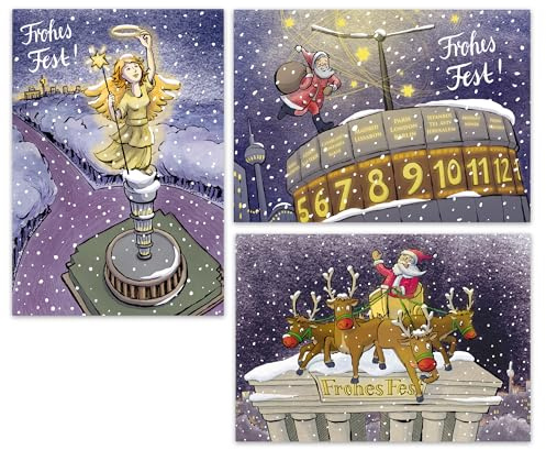 3er Set Weihnachtskarte Berlin Motive Siegessäule Brandenburger Tor und Alexanderplatz - Klappkarten im DIN A6 Format für Weihnachten