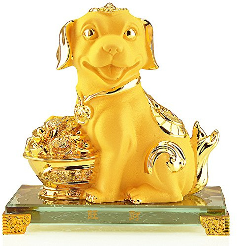 NEFSO Figurines de Collection en résine dorée Chien du Zodiaque Chinois Statue de décor de Table