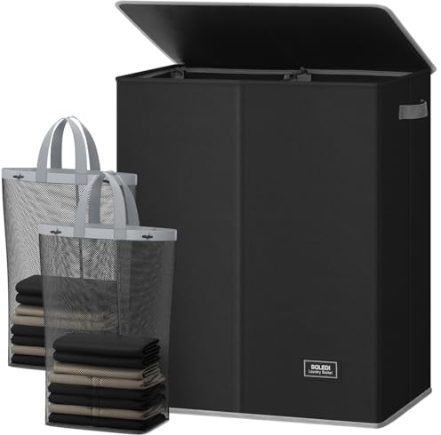SOLEDI Double Laundry Hamper with Lid and Removable Laundry Bags,Divided Laundry Bin - Large Clothes Hamper 2 Section - Collapsible Laundry Baskets for Bedroom, Bathroom, Laundry Room,Black