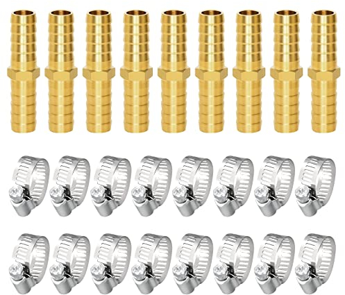 Ablaufschlauch Verbinder, 8 Pcs Schlauchverbinder 10mm Messing Schlauchtülle Mit 16 Schlauchschellen, 2 Wege Gerade Schlauchverschraubung für Wasser Kraftstoff Luft