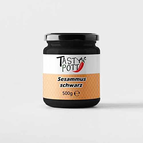 Tasty Pott Sesammus Schwarz I Brotaufstrich I Dip I Vegane Küche I Nussiger Aufstrich I Zum Backen und Kochen I Müsli-Topping I Schwarzes Tahin I Sesam I Mus I Im Glas 500g