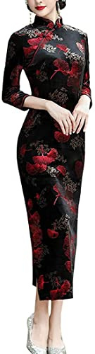 Lazutom Cheongsam Qipao - Elegante vestido de terciopelo para mujer, vestido largo de fiesta de noche chino, negro/rojo, 40