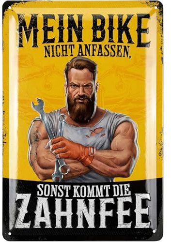 LANOLU Retro Blechschild MEIN BIKE nicht anfassen, ZAHNFEE - Motorrad Geschenke für Männer - lustige Blechschilder Sprüche, Schild für Werkstatt und Garage - Deko vintage Metallschild 20x30 cm