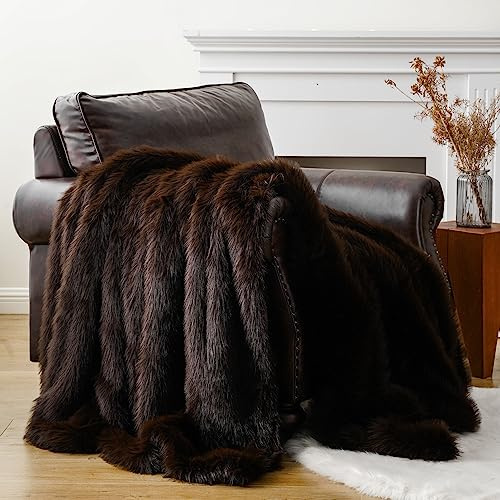 BATTILO HOME Luxury Fluffy Brown Faux Fur Throw Blanket, Cozy Warm Fur Blanket for Couch, Sofa, Chair, Bed, Plush Fuzzy Fur Throws with Long Pile, 50x60